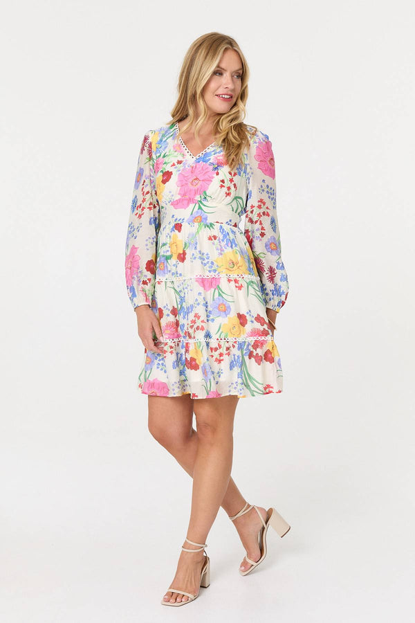 Pink | Floral Long Sleeve Tiered Short Dress
