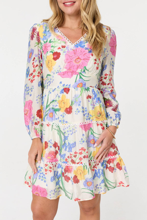 Pink | Floral Long Sleeve Tiered Short Dress