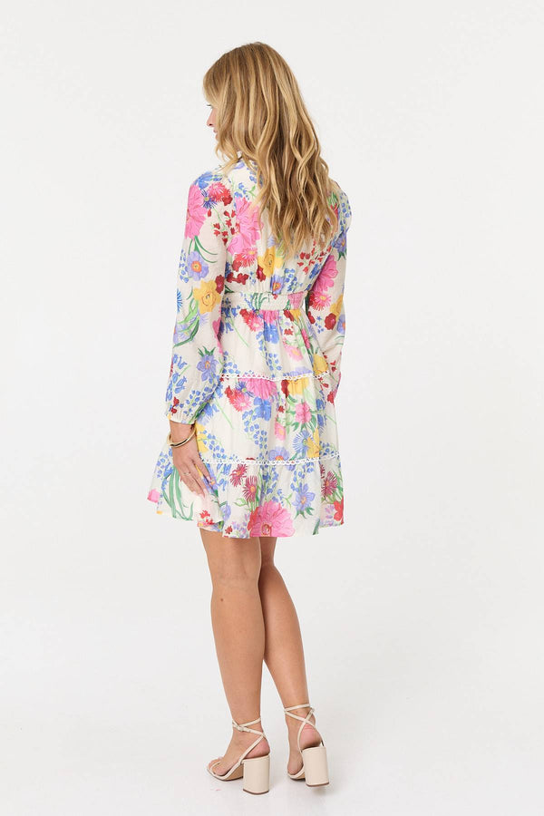 Pink | Floral Long Sleeve Tiered Short Dress