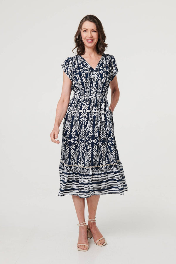 Navy | Printed Cap Sleeve Shirred Midi Dress