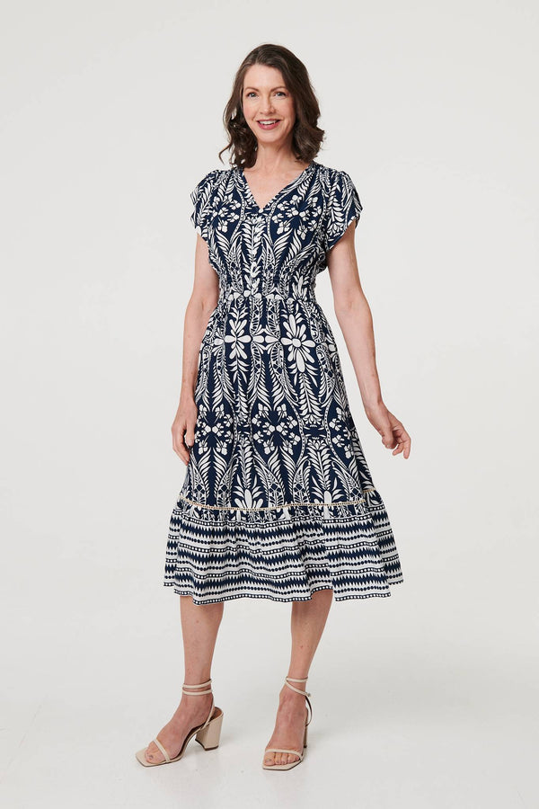 Navy | Printed Cap Sleeve Shirred Midi Dress