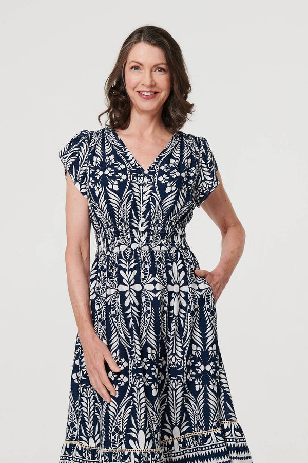 Navy | Printed Cap Sleeve Shirred Midi Dress