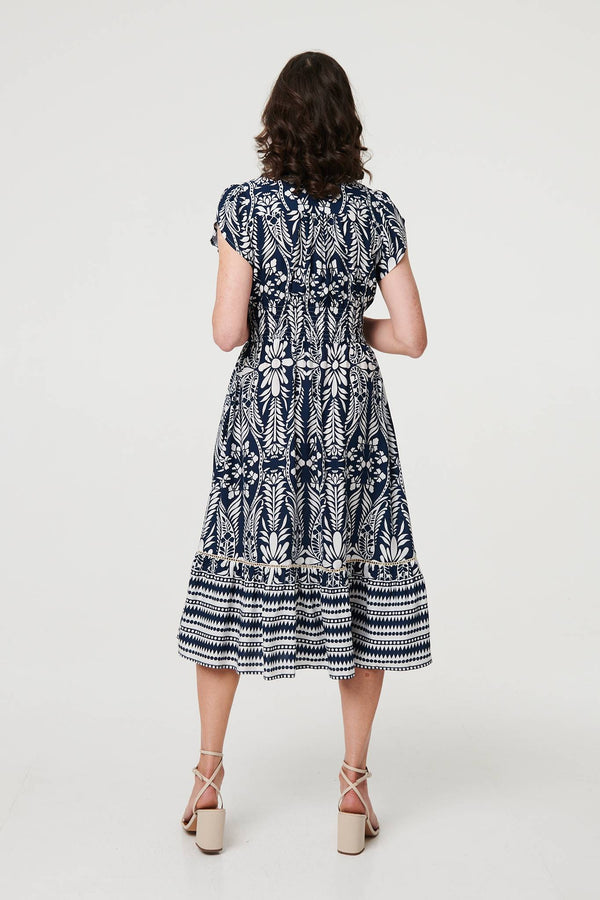 Navy | Printed Cap Sleeve Shirred Midi Dress