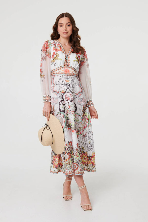 White | Printed Long Sleeve Empire Maxi Dress