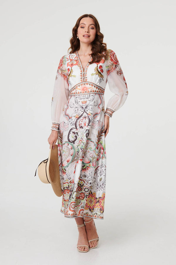 White | Printed Long Sleeve Empire Maxi Dress