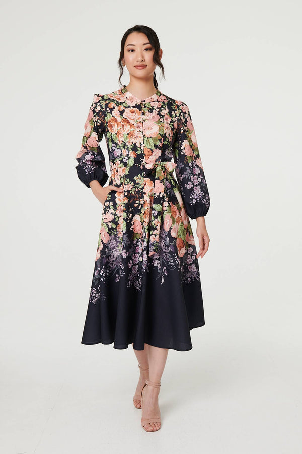 Black | Floral Tie Waist A-Line Midi Dress