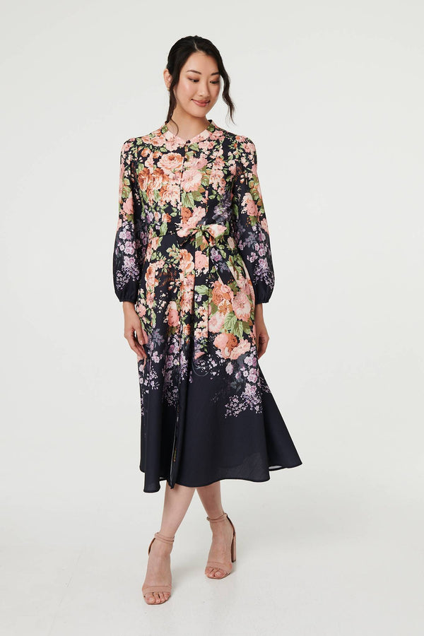 Black | Floral Tie Waist A-Line Midi Dress