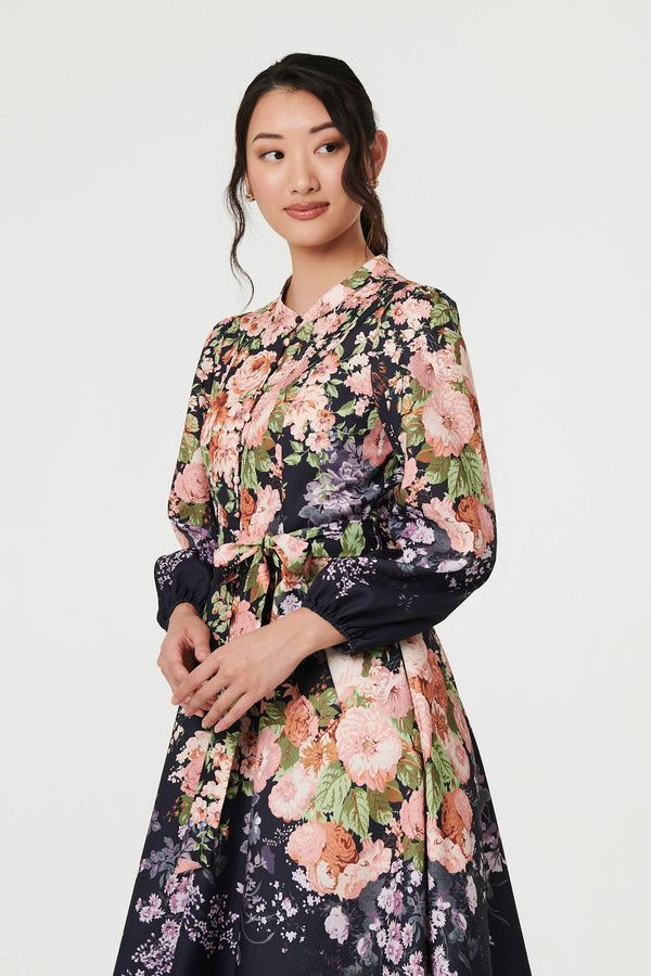 Black | Floral Tie Waist A-Line Midi Dress