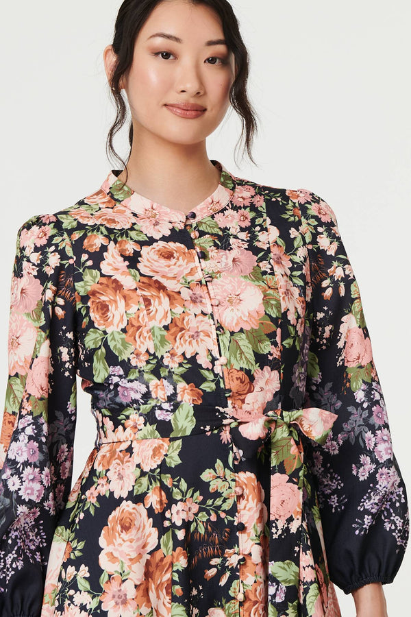 Black | Floral Tie Waist A-Line Midi Dress