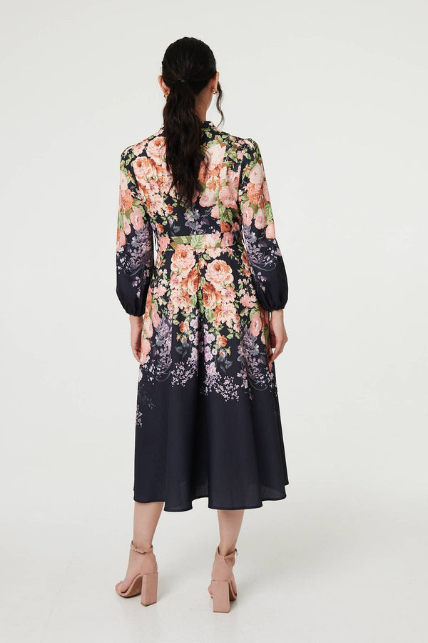 Black | Floral Tie Waist A-Line Midi Dress