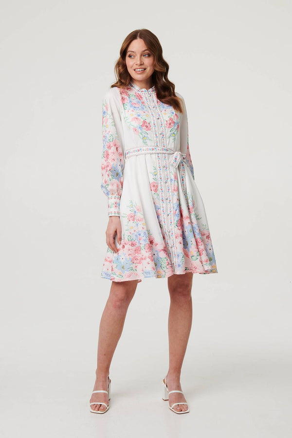 White | Floral Border Print Short Skater Dress
