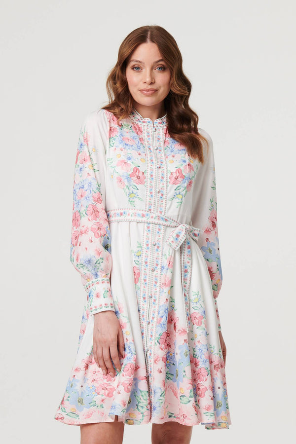 White | Floral Border Print Short Skater Dress