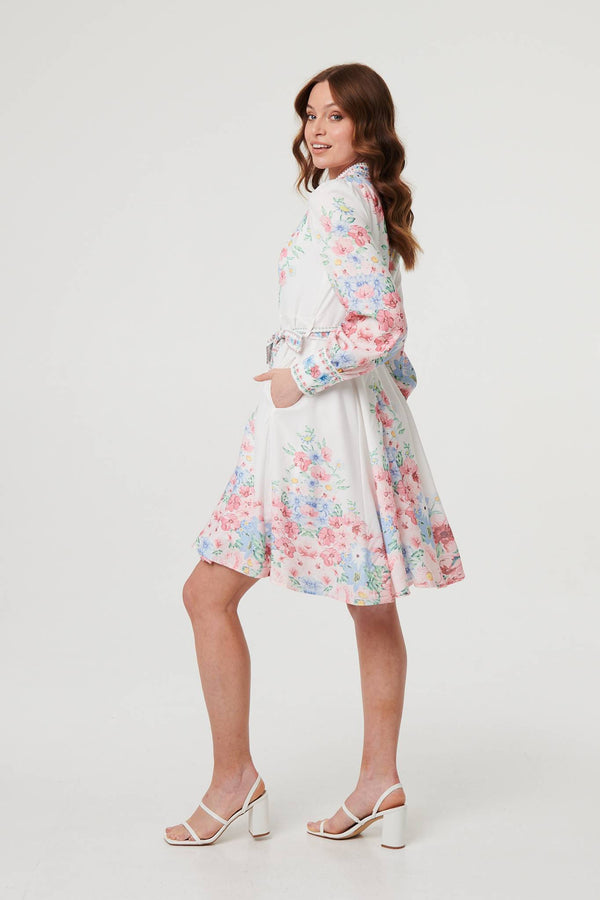 White | Floral Border Print Short Skater Dress