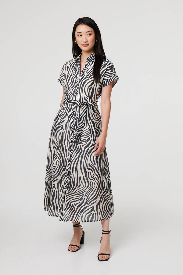 Black | Zebra Print Tie Waist Midi Shirt Dress