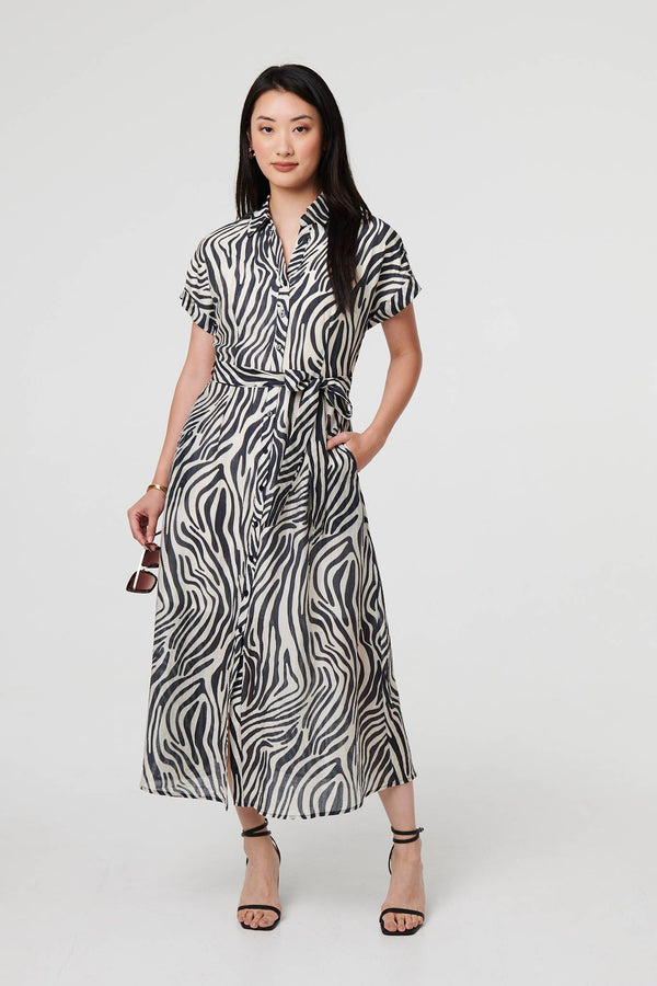 Black | Zebra Print Tie Waist Midi Shirt Dress