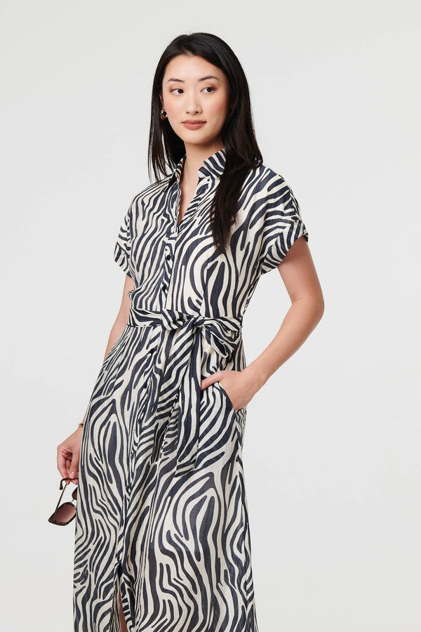 Black | Zebra Print Tie Waist Midi Shirt Dress