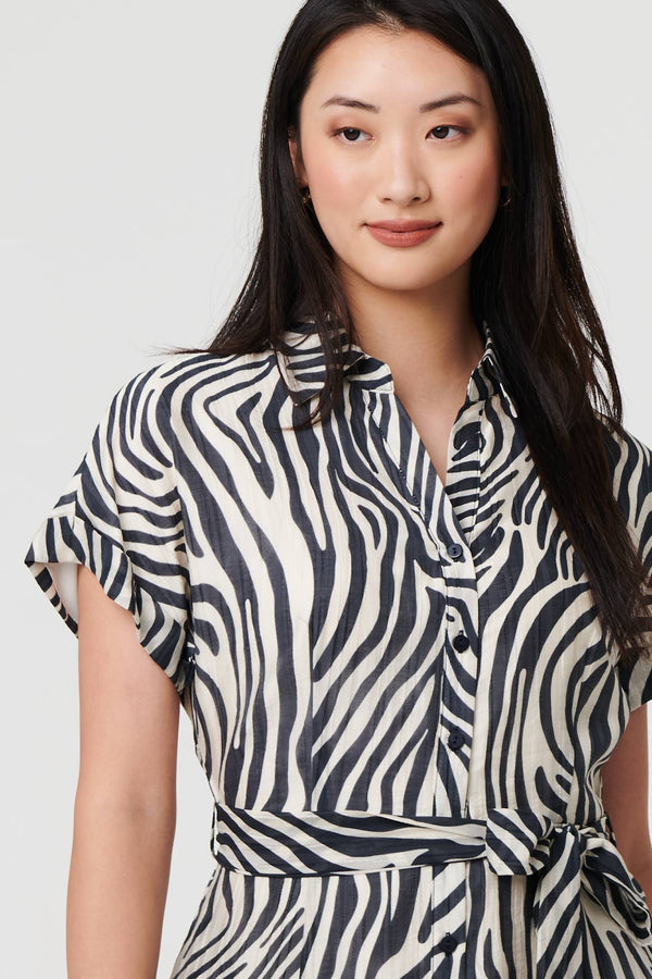 Black | Zebra Print Tie Waist Midi Shirt Dress