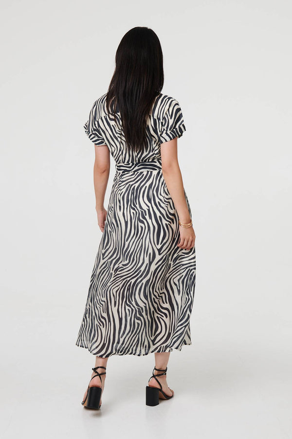 Black | Zebra Print Tie Waist Midi Shirt Dress