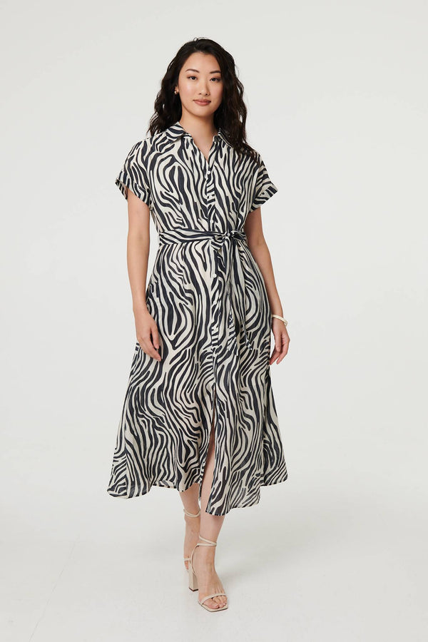Black | Zebra Print Tie Waist Midi Shirt Dress
