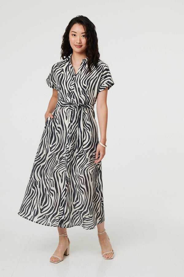 Black | Zebra Print Tie Waist Midi Shirt Dress