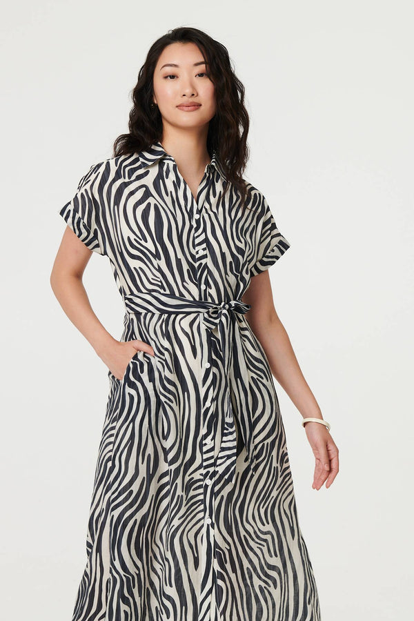 Black | Zebra Print Tie Waist Midi Shirt Dress