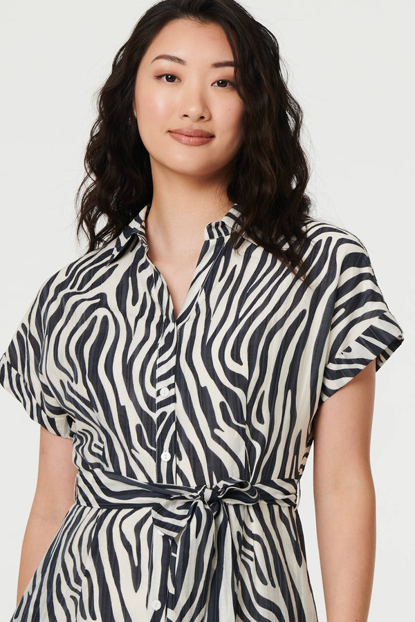 Black | Zebra Print Tie Waist Midi Shirt Dress