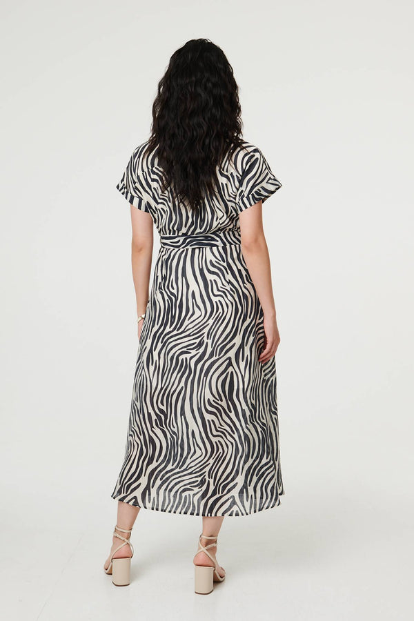 Black | Zebra Print Tie Waist Midi Shirt Dress