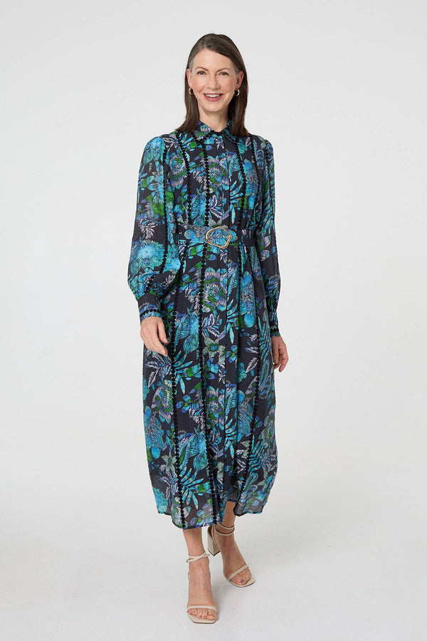Blue | Printed Embellished Belted Maxi Dress