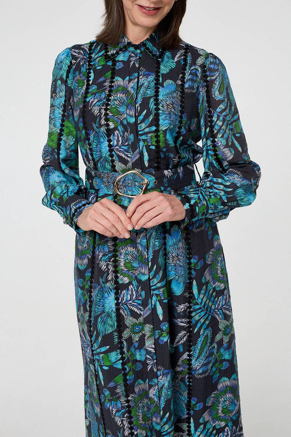 Blue | Printed Embellished Belted Maxi Dress