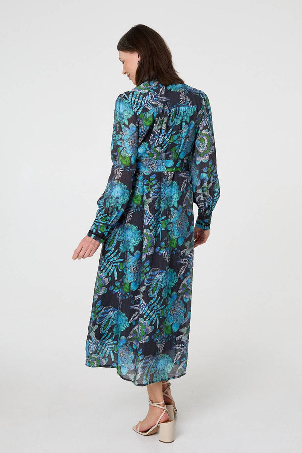 Blue | Printed Embellished Belted Maxi Dress