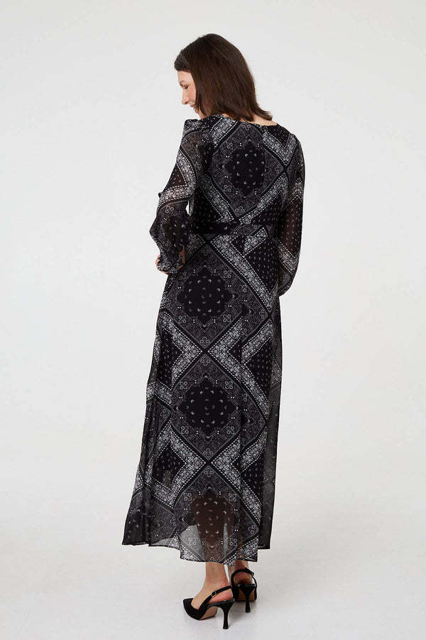 Black | Printed Long Sleeve Maxi Dress with Belt
