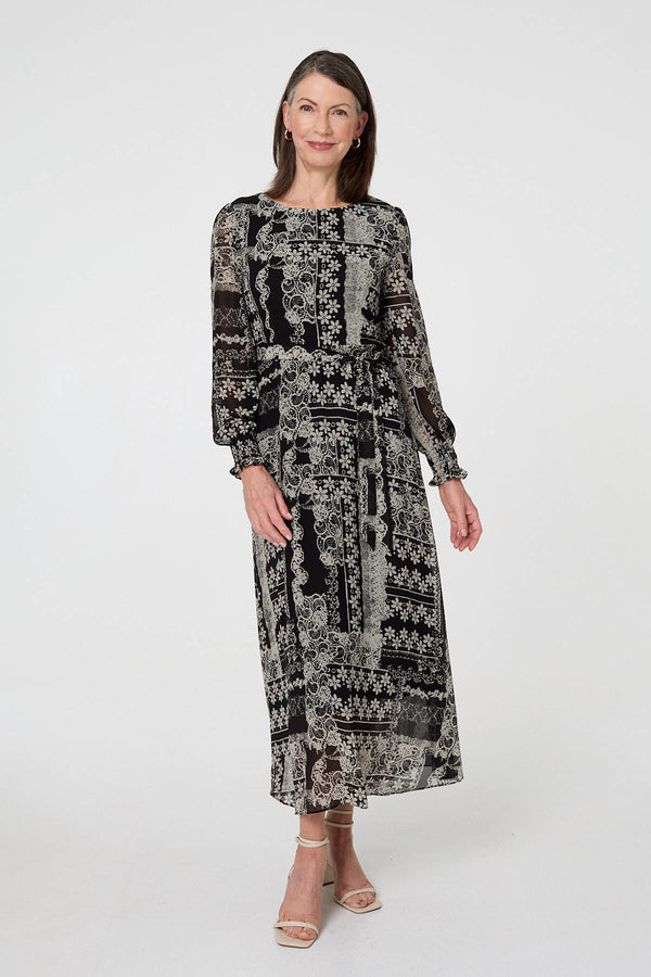 Black | Floral Patchwork Print Long Dress
