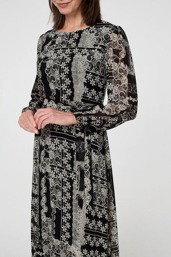 Black | Floral Patchwork Print Long Dress