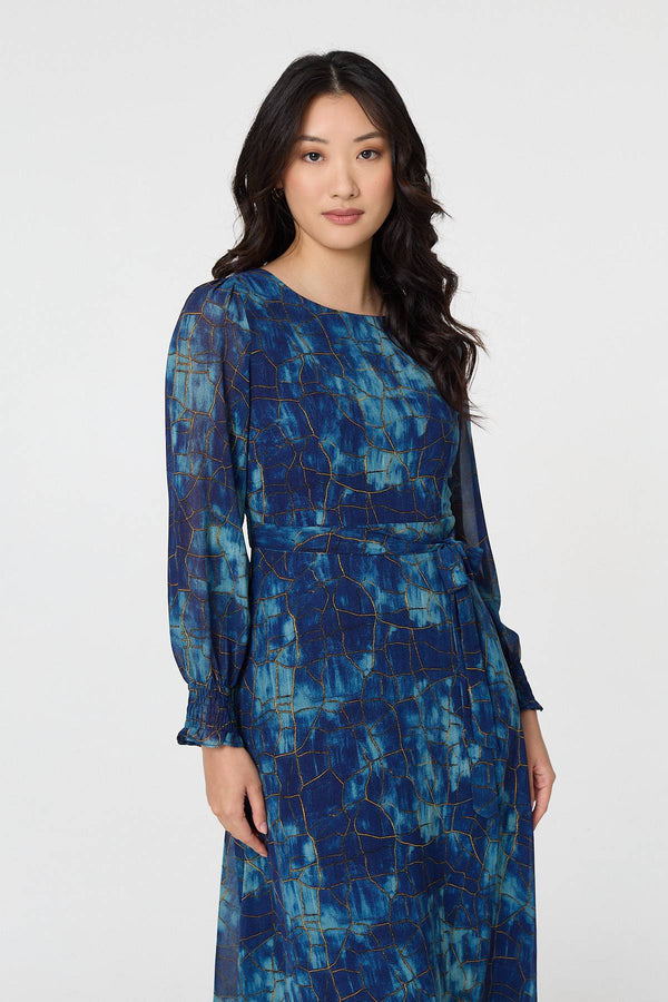 Navy | Printed Semi Sheer Tie Waist Maxi Dress