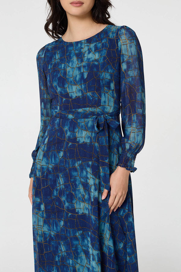 Navy | Printed Semi Sheer Tie Waist Maxi Dress