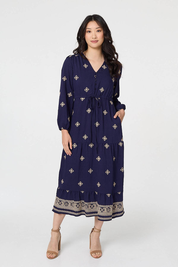 Navy | Border Print Long Sleeve Midi Dress