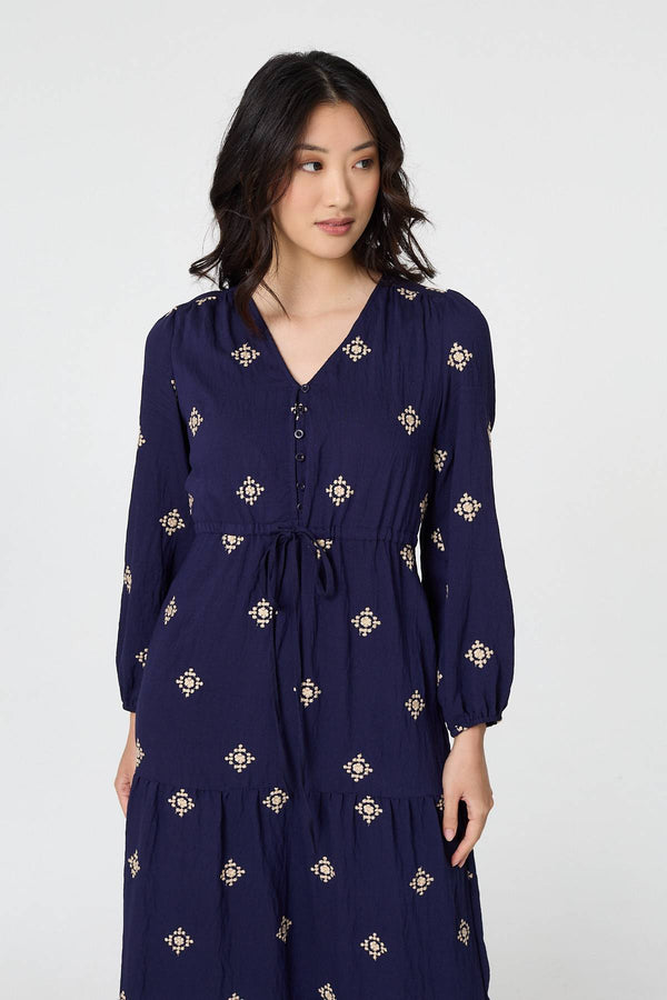 Navy | Border Print Long Sleeve Midi Dress