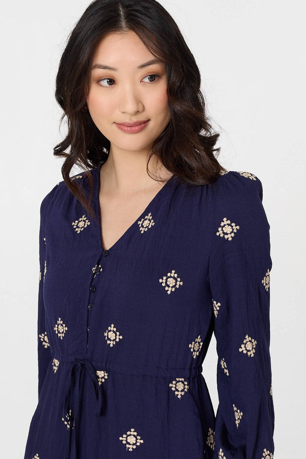 Navy | Border Print Long Sleeve Midi Dress