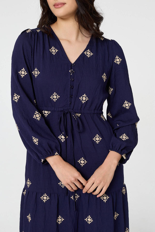 Navy | Border Print Long Sleeve Midi Dress