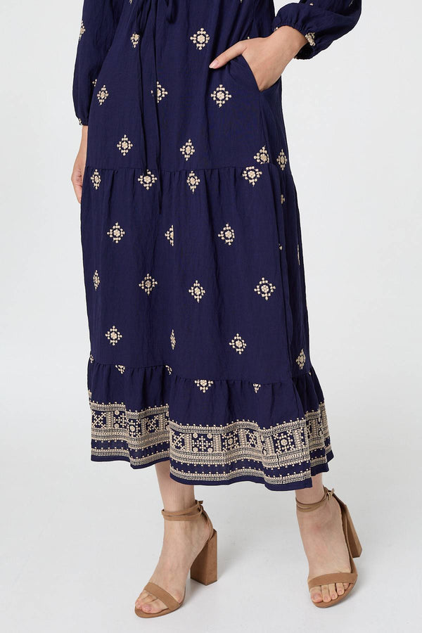 Navy | Border Print Long Sleeve Midi Dress