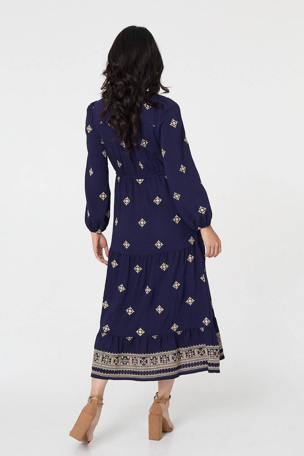 Navy | Border Print Long Sleeve Midi Dress