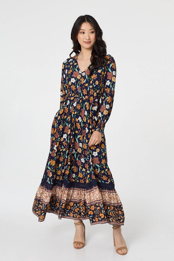 Navy | Floral Border Print Smocked Maxi Dress
