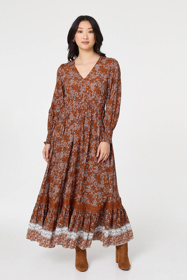 Rust | Paisley Shirred Lace Trim Maxi Dress