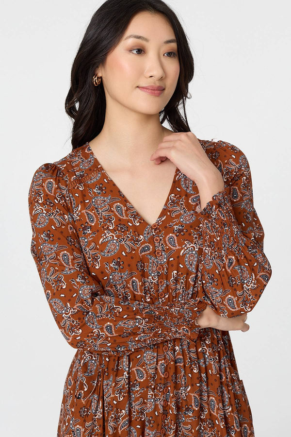 Rust | Paisley Shirred Lace Trim Maxi Dress