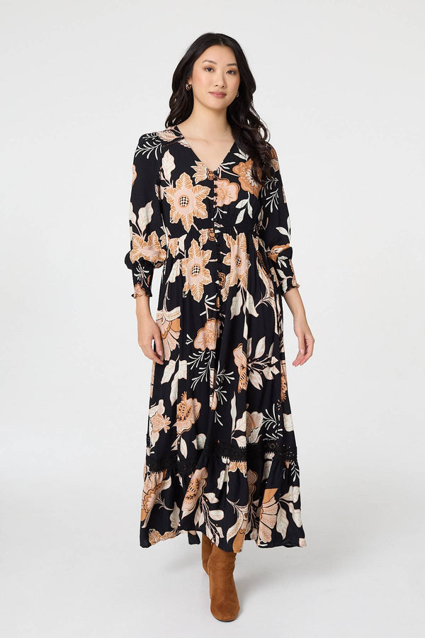 Black | Leaf Print Long Sleeve Maxi Dress