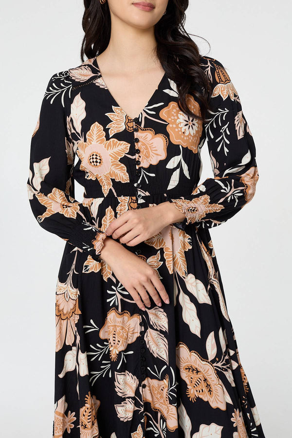 Black | Leaf Print Long Sleeve Maxi Dress