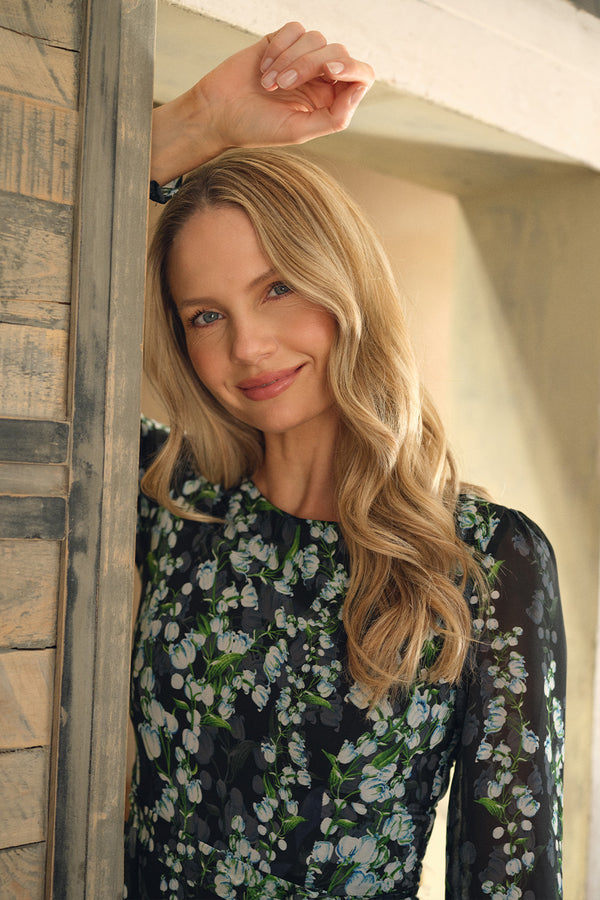Black | Floral Long Sleeve Chiffon Maxi Dress