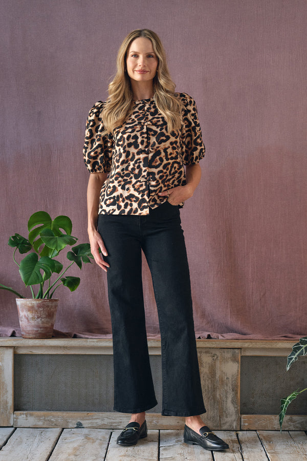 Beige | Animal Print Bow Front Puff Sleeve Shirt