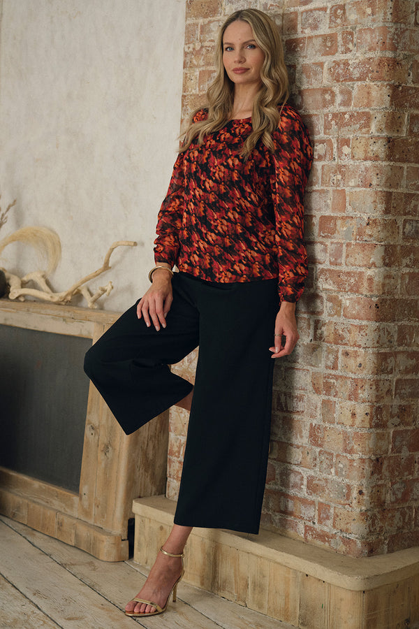 Orange | Printed Semi Sheer Long Sleeve Blouse