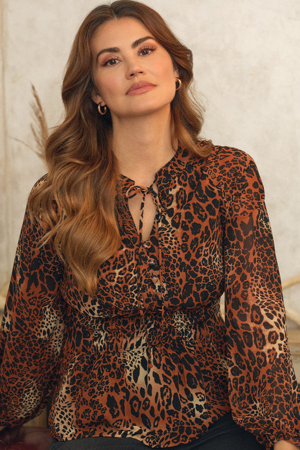 Brown | Animal Print Long Sleeve Tie Neck Blouse : Model is 5'9"/175 cm and wears UK10/EU38/US6/AUS10